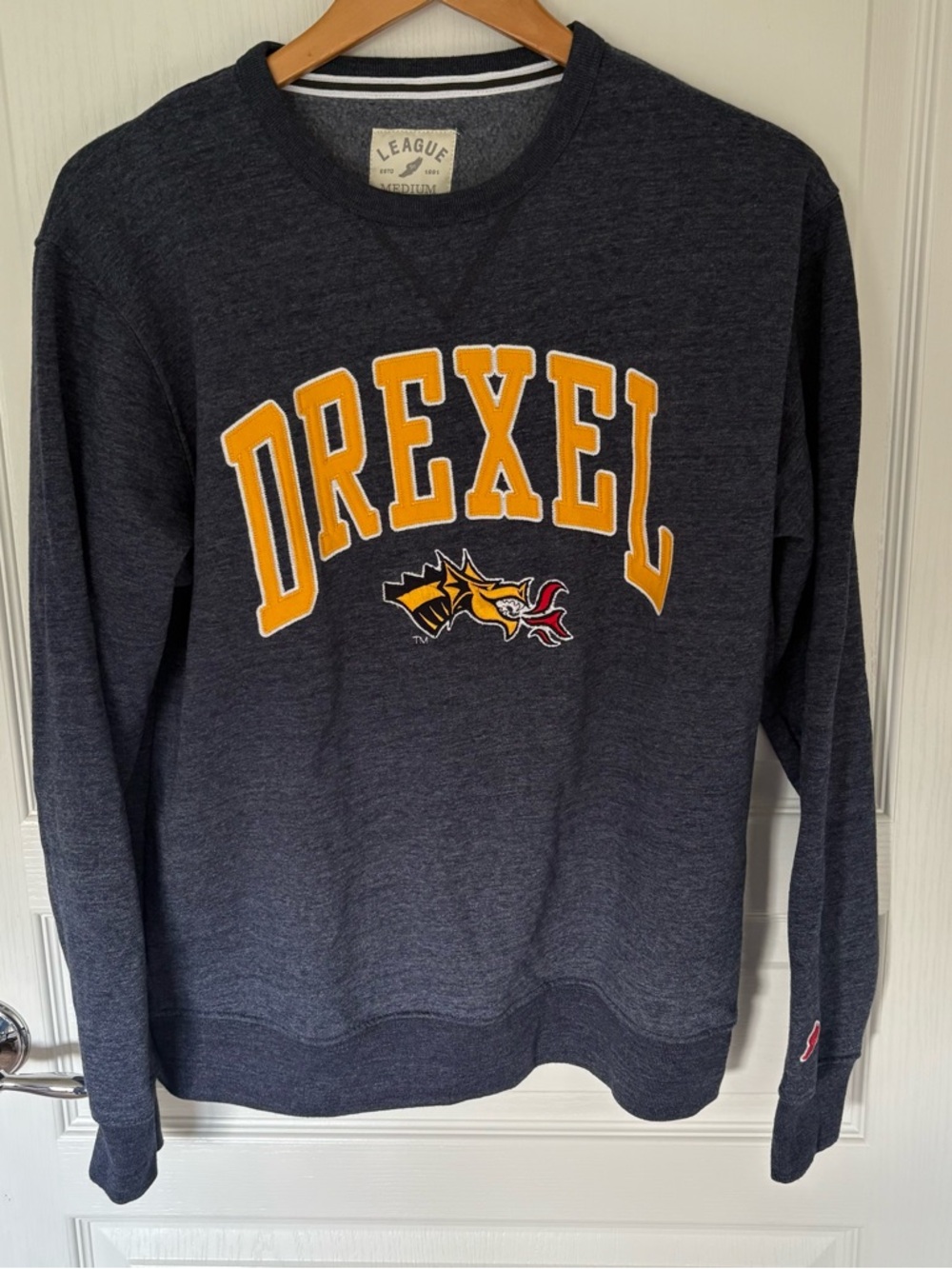 League Navy Crewneck with Gold Drexel Lettering
